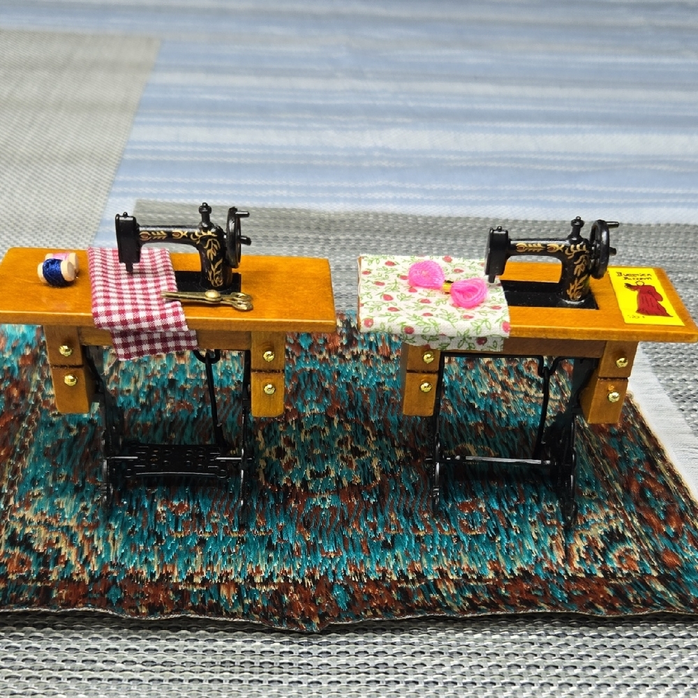 Miniature Sewing Machine Set with Wooden Tables